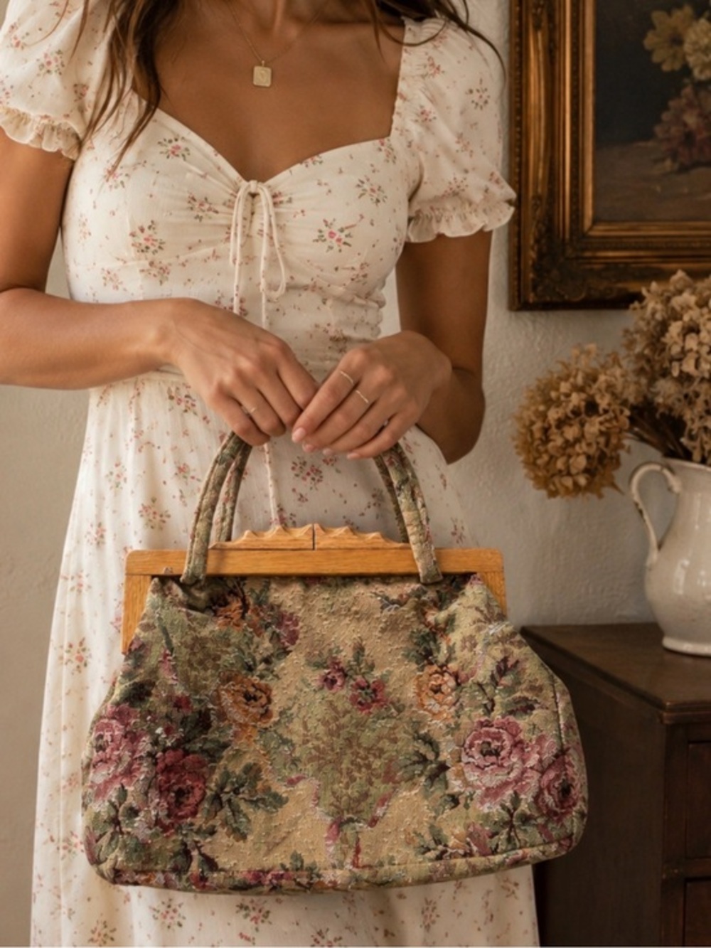 Vintage Floral Tapestry Carpet Bag Wood Frame Handbag Cottagecore Granny Chic